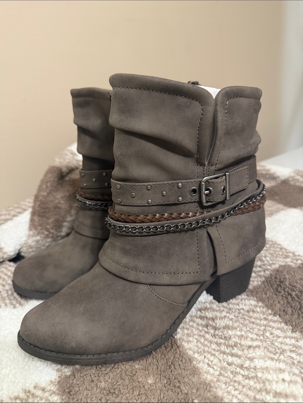 Jellypop Taupe Slouchy Ankle Boots with Buckle and Braided Trim